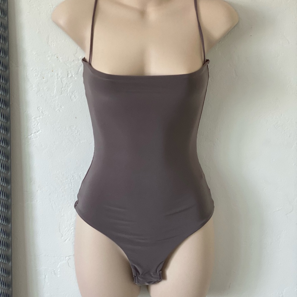 Mocha Slinky Square Neck Spaghetti Stap Bodysuit